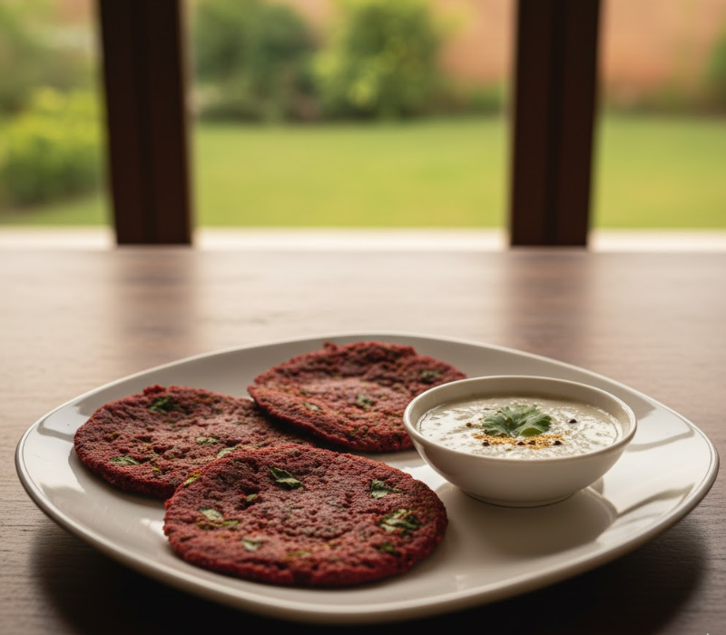 Beetroot & Ragi Adai with Coconut Chutney